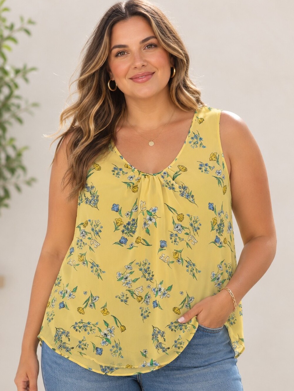 DC Jeans Yellow Floral Sleeveless V-Neck Flowy Relaxed Fit Casual Tank Top L